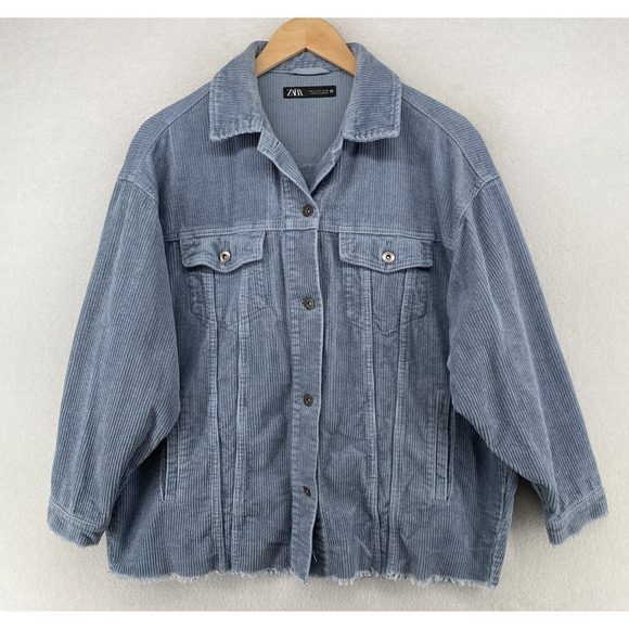 ZARA Jacket Womens S Wide Wale Corduroy Trucker Oversized Fringed Button Up Blue - Picture 2 of 13